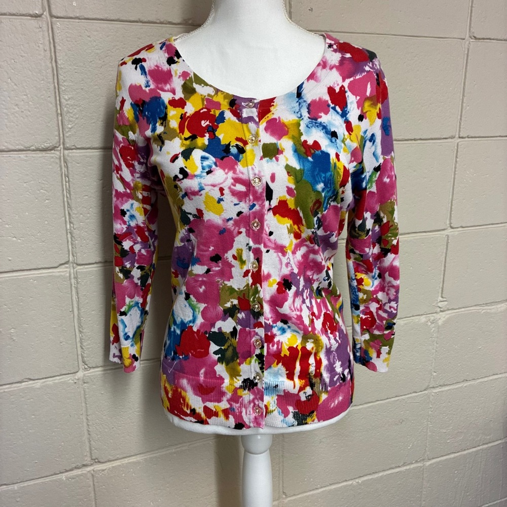 Josephine Cardigan Womens Medium Artsy Abstract Botanical Dopamine Watercolor